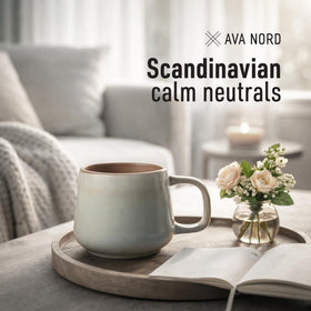 Ava Nord mug shown with tea, cocoa, and latte options
