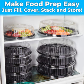 Avant Grub 16-inch round trays with secure lids for easy cleanup after service.