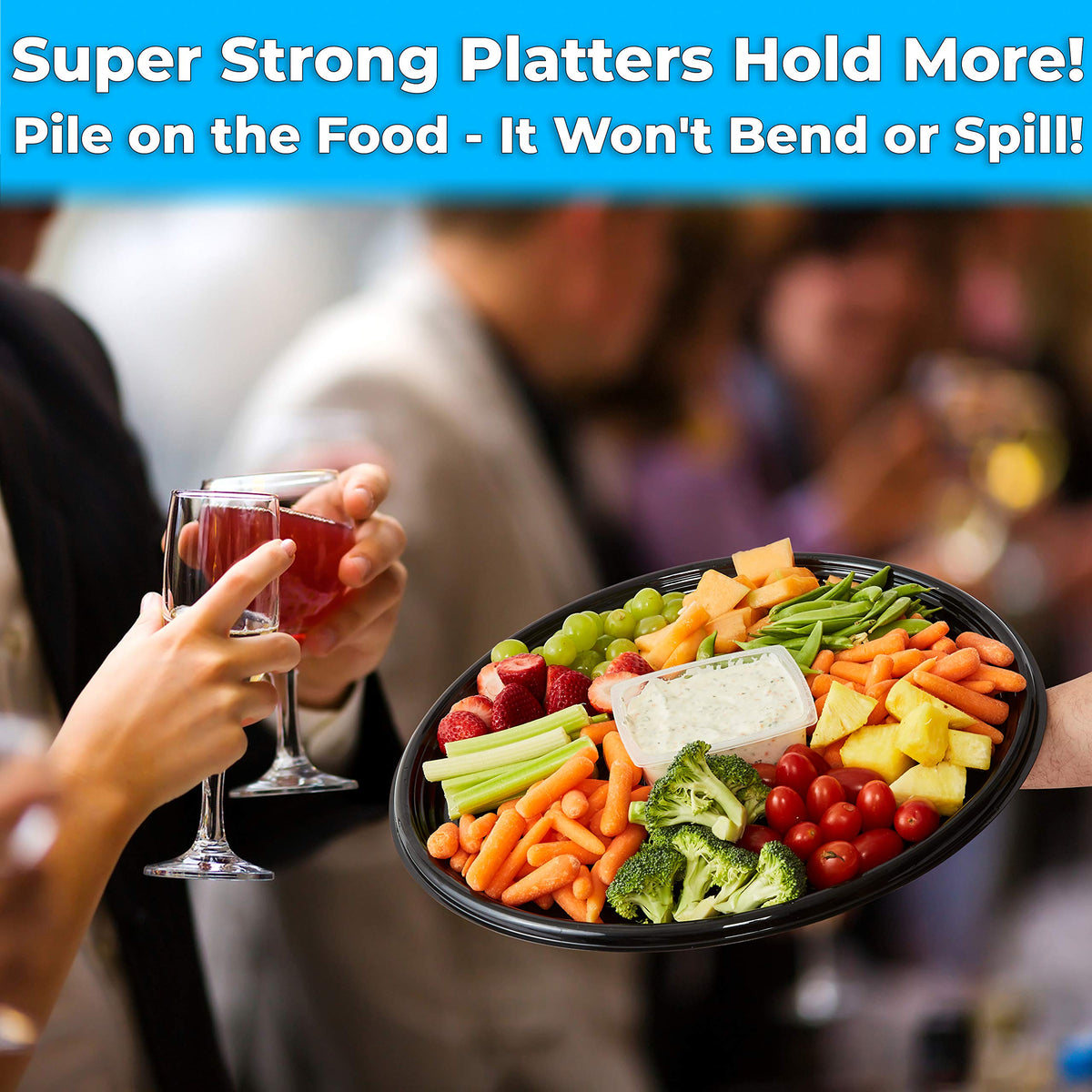 Avant Grub black round catering tray with clear dome lid keeps hors d oeuvres fresh.