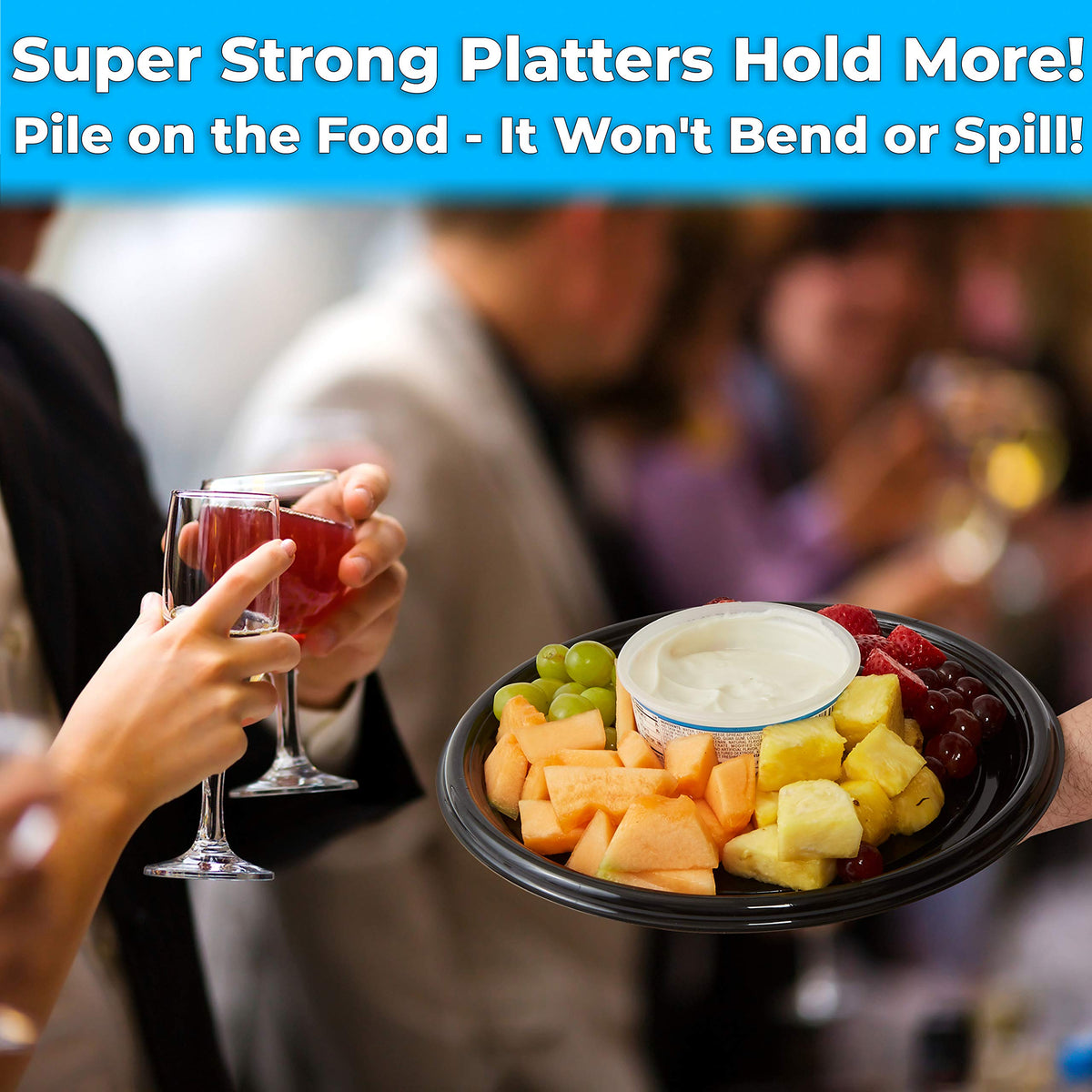 Avant Grub black round catering tray with clear dome lid for elegant presentations