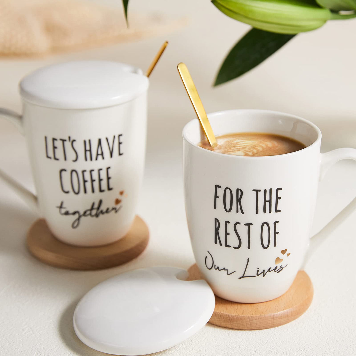 AW BRIDAL mugs set shown for a couple coffee date