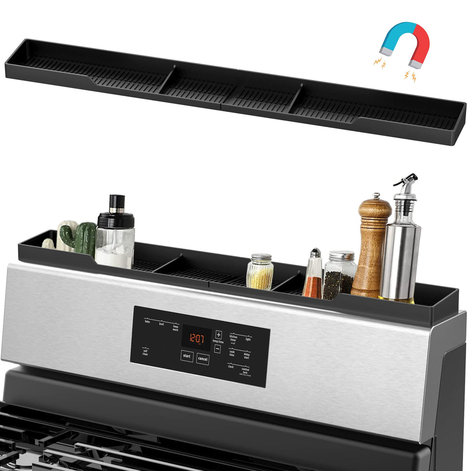 AWOKE stove top shelf 30-inch showing organized spice partitions for easy access