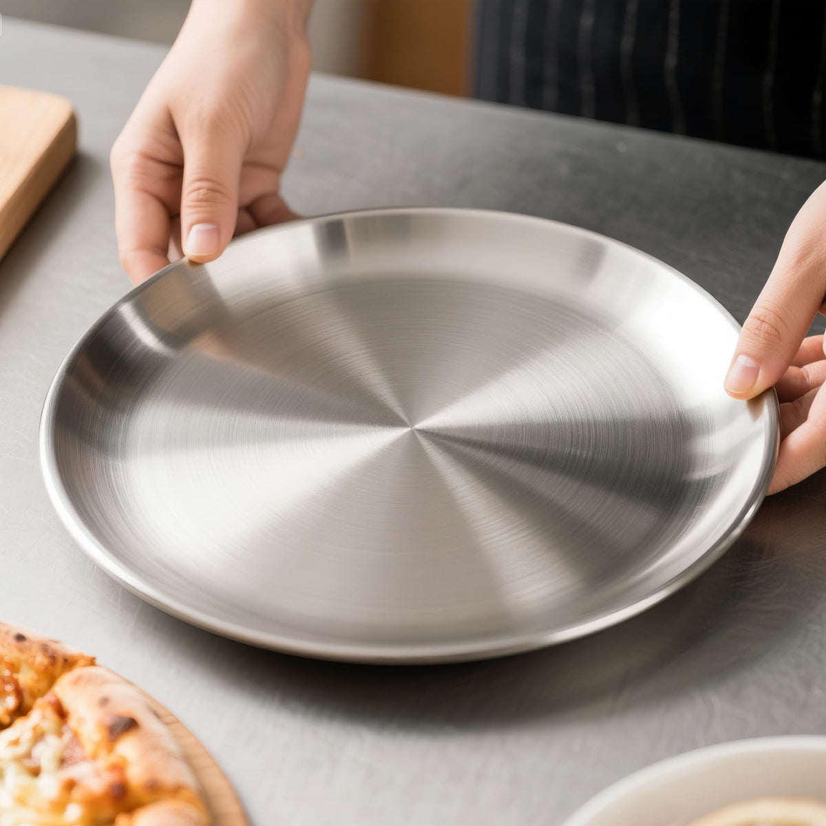 AWTBDP 12-inch pizza pan set packaging and 3-piece arrangement for storage.