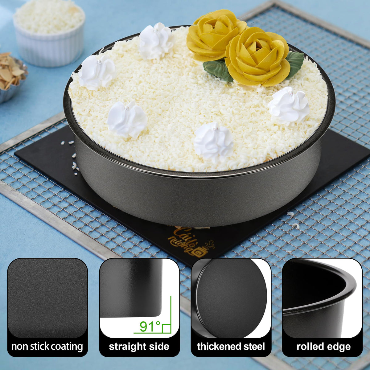 AWTBDP nonstick coating on round cake pans for effortless release.