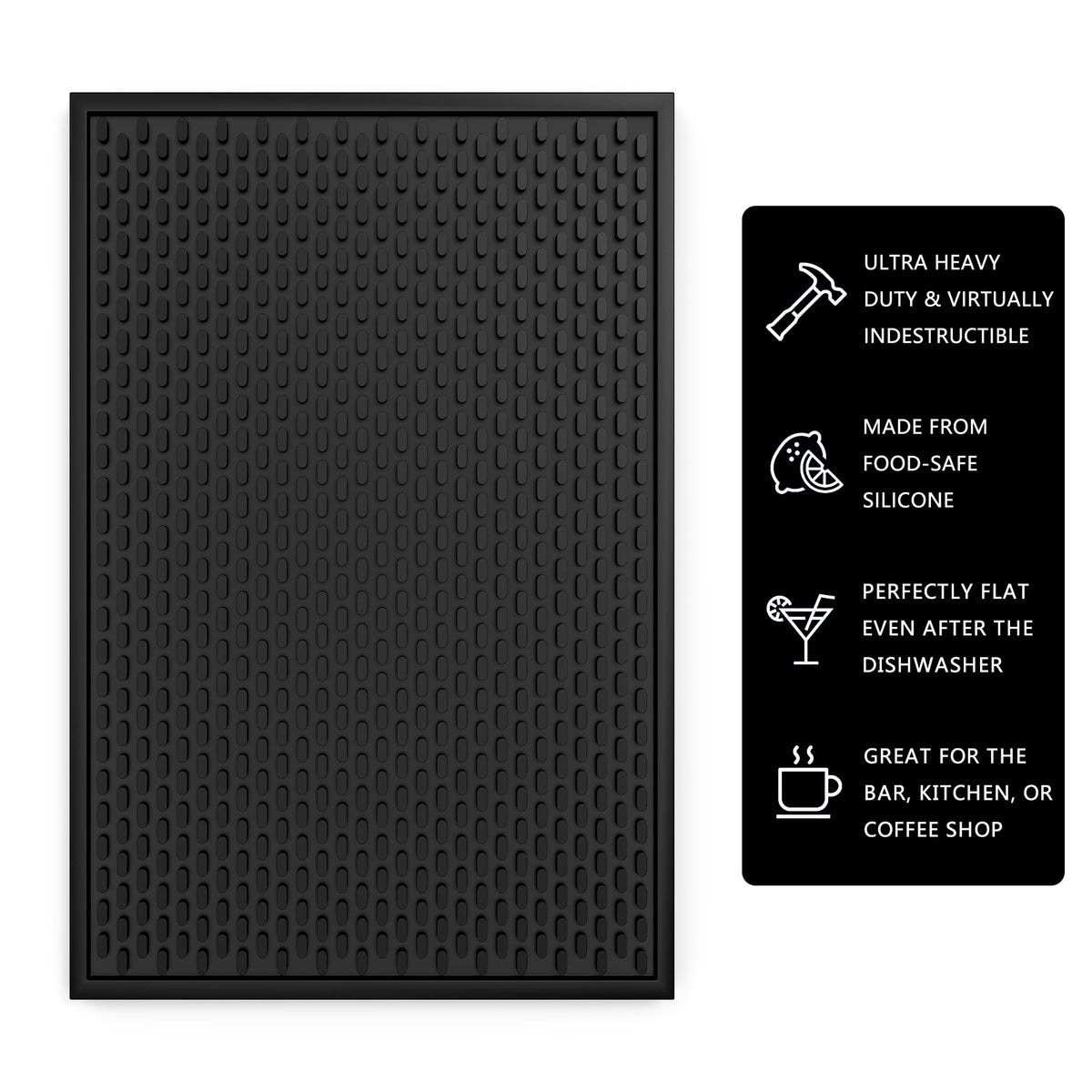 AXIESO half-inch silicone bar mat highlights durability and heat resistance.