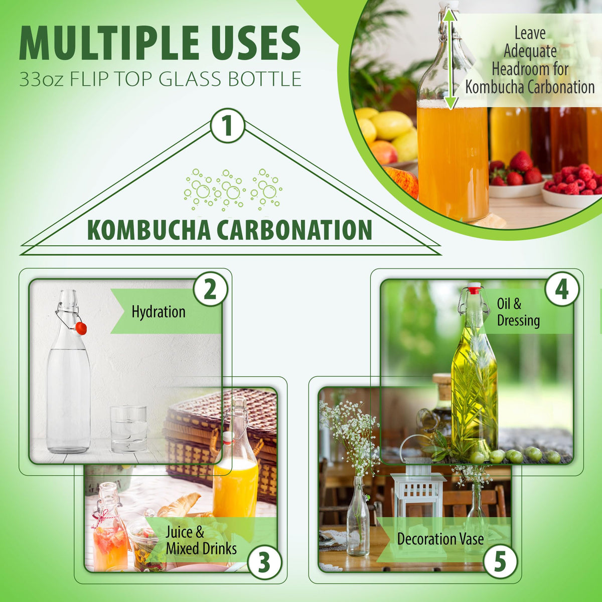 AYL pack of 6 glass bottles with swing-top stoppers for oils and vinegars.