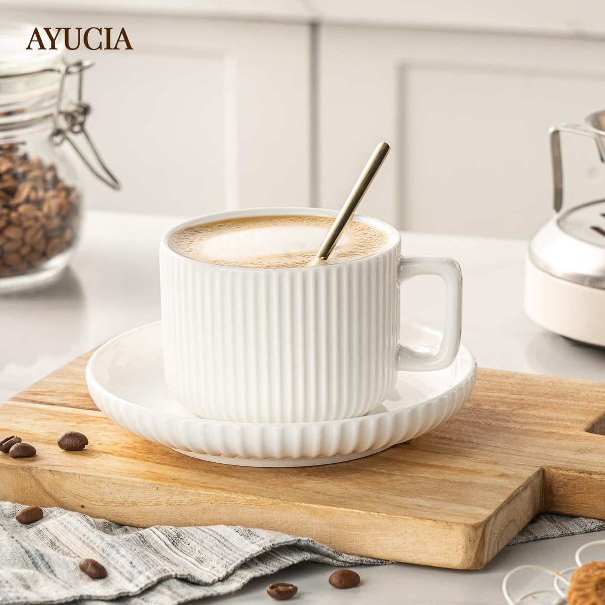 AYUCIA 8oz cappuccino mugs support balanced portions for latte, mocha, or au lait.