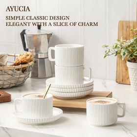 AYUCIA white cream porcelain mugs close-up highlighting glossy finish and premium craftsmanship.