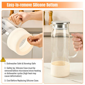 Baalaka borosilicate glass pitcher resists heat and cold for versatile serving.