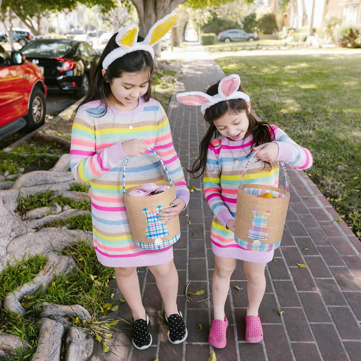 BABORI Easter Basket Bunny blue and pink side view with handles for easy carry.