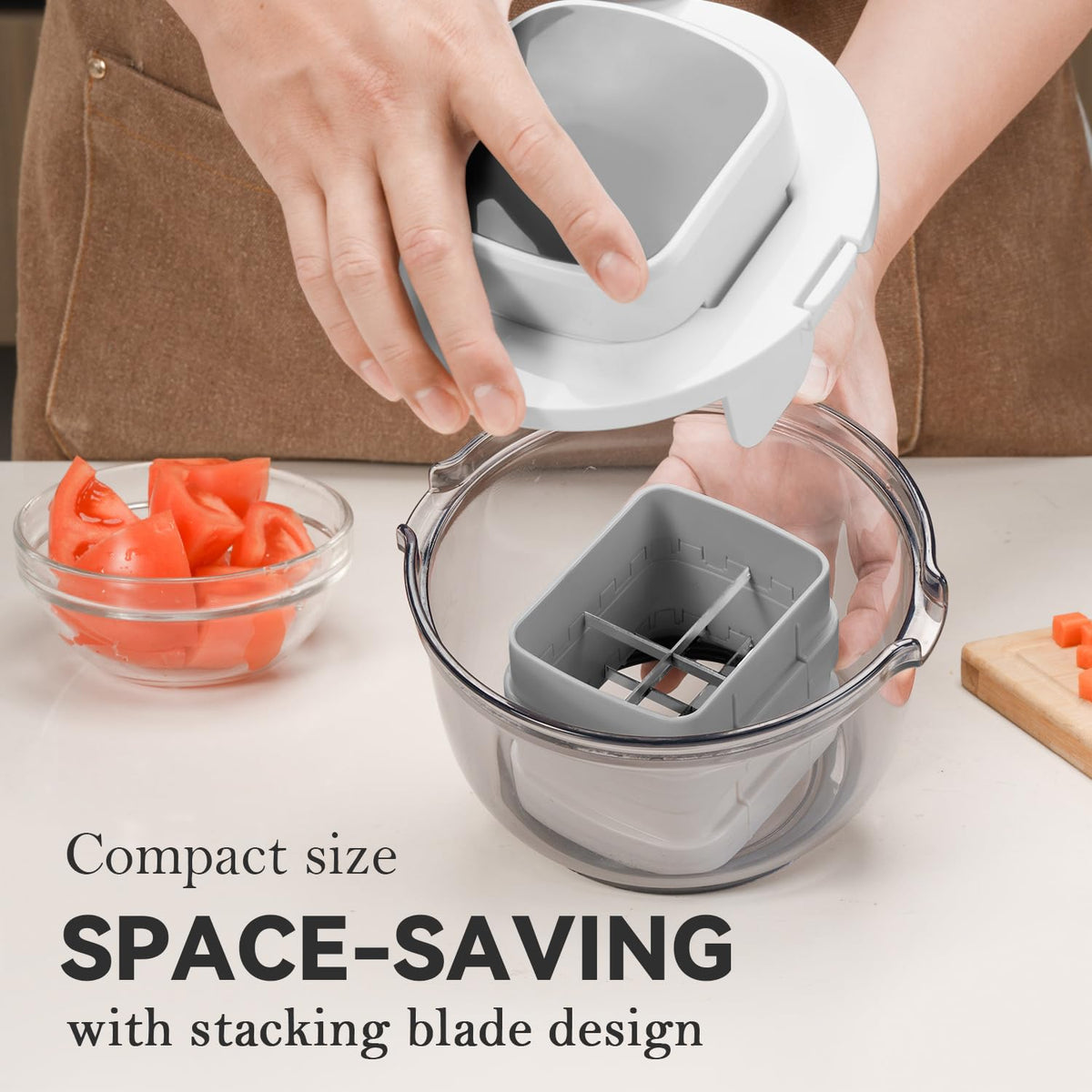 Badelite Safe-press top lid protects fingers during chopping.