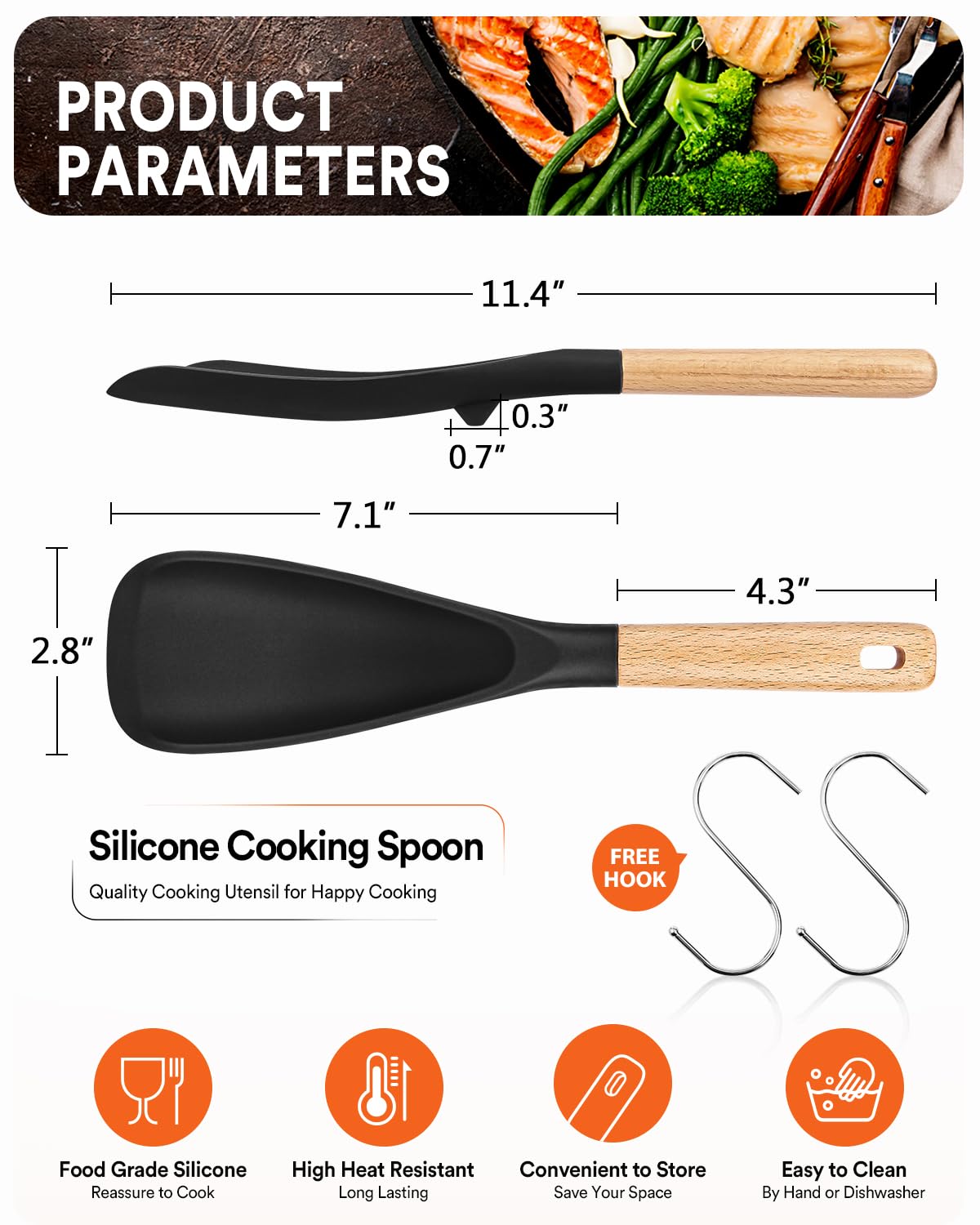 Badiano silicone spoon ready for high-heat cooking up to 446°F.