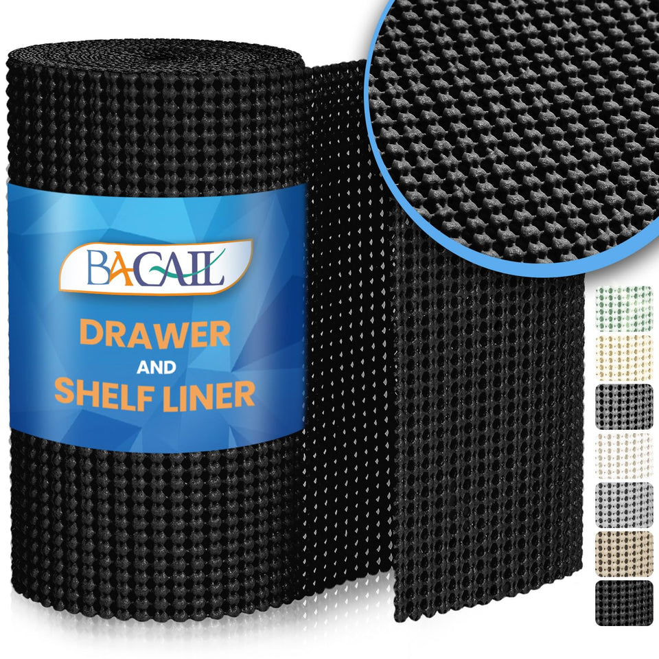 BAGAIL BASICS drawer liner with non-adhesive grip keeps utensils organized.