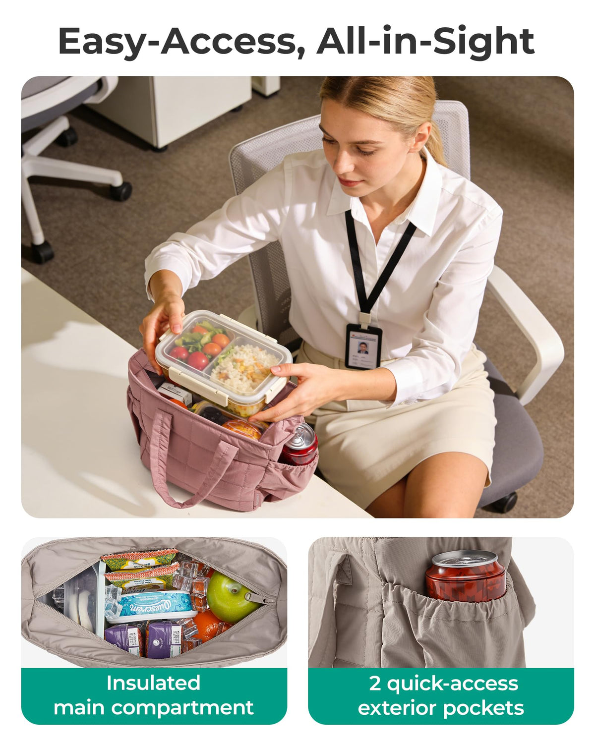 BAGSMART compact lunch bag with side pockets keeps utensils and snacks organized.