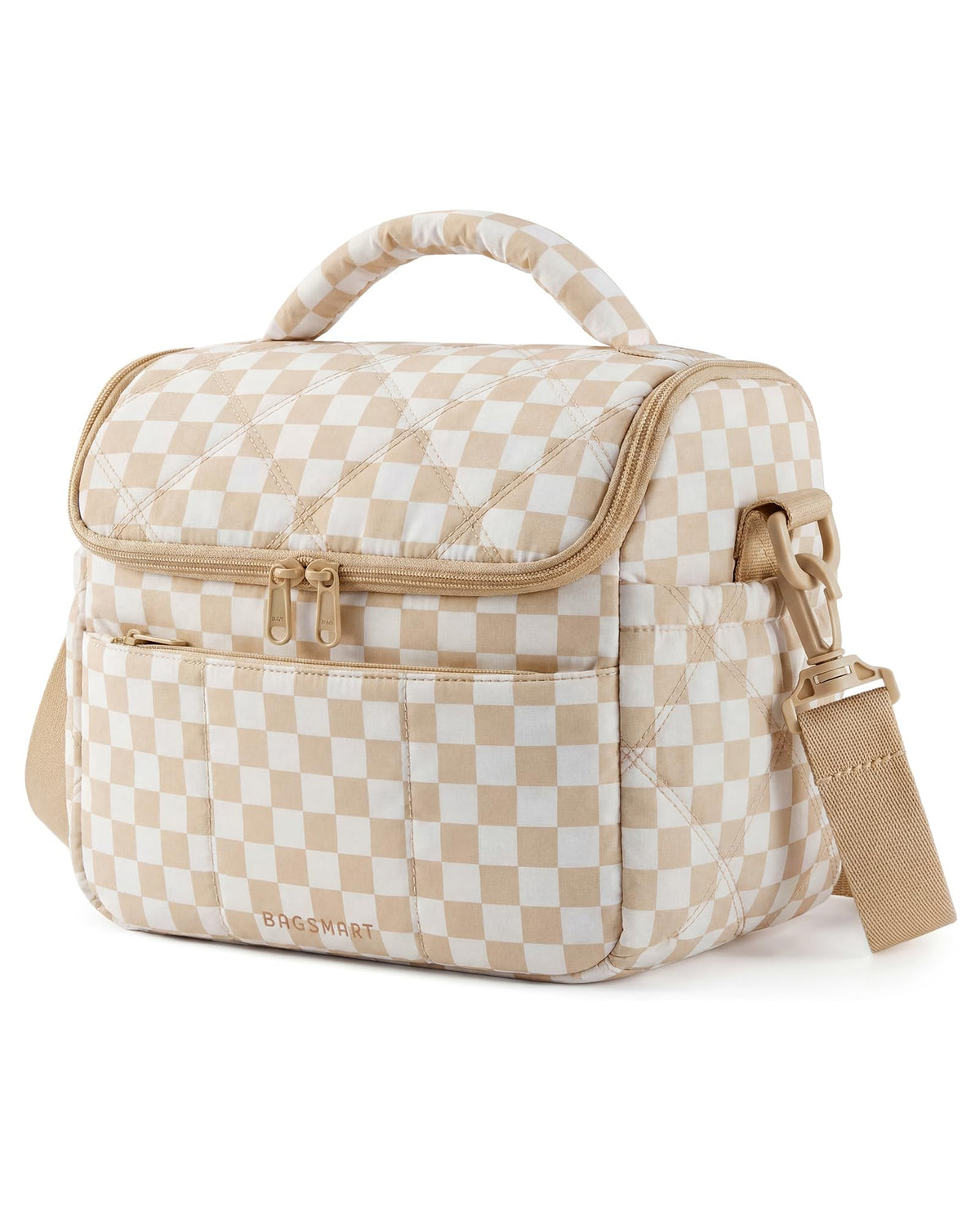 BAGSMART insulated lunch bag for women brown checkerboard front view shows quilted design