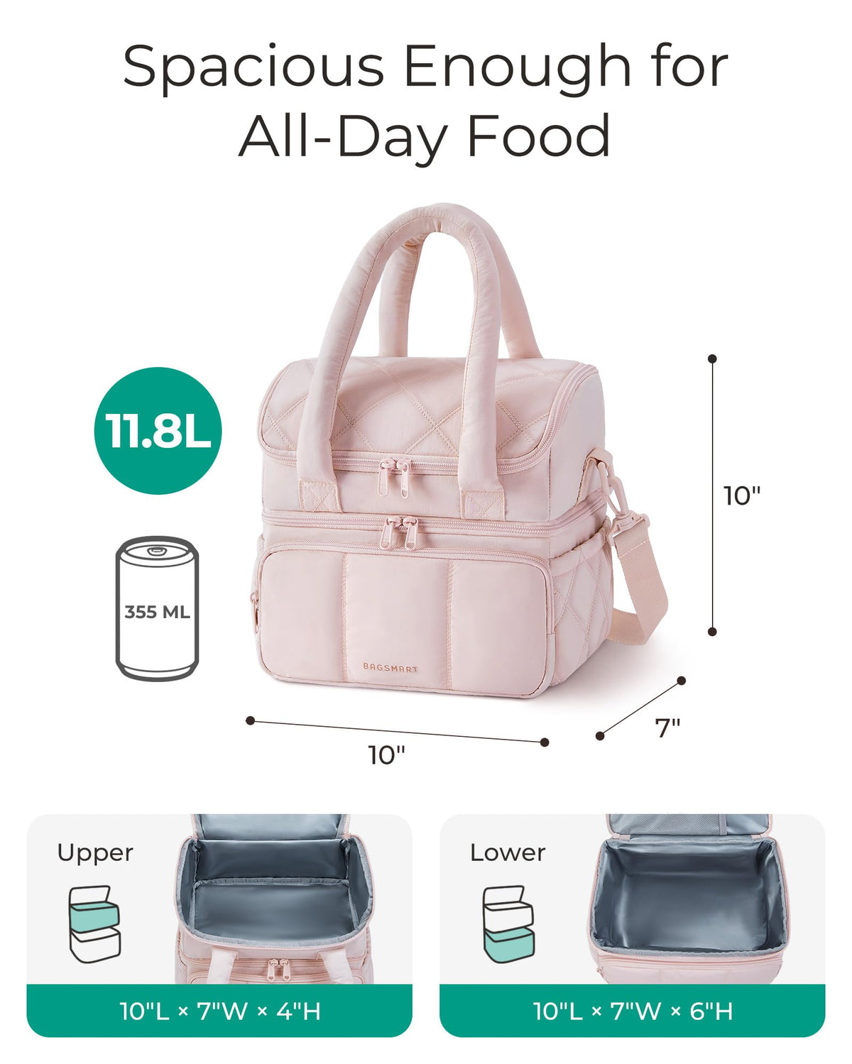 BAGSMART insulation with PEVA lining keeps contents secure and easy to wipe clean.