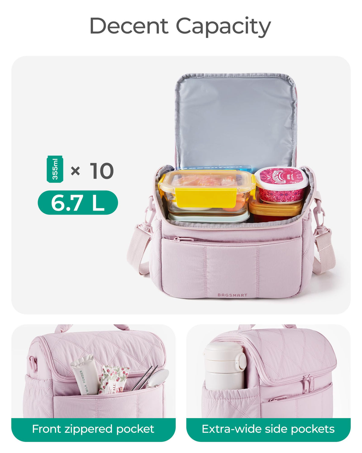 BAGSMART waterproof interior liner protects food during commutes and outings.