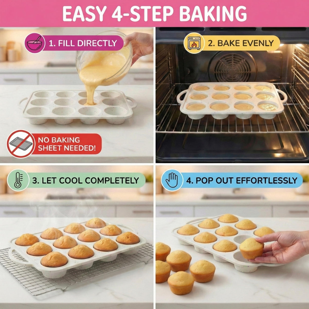 BAKE BOSS cream-colored pans ideal for space-saving storage and easy cleanup.