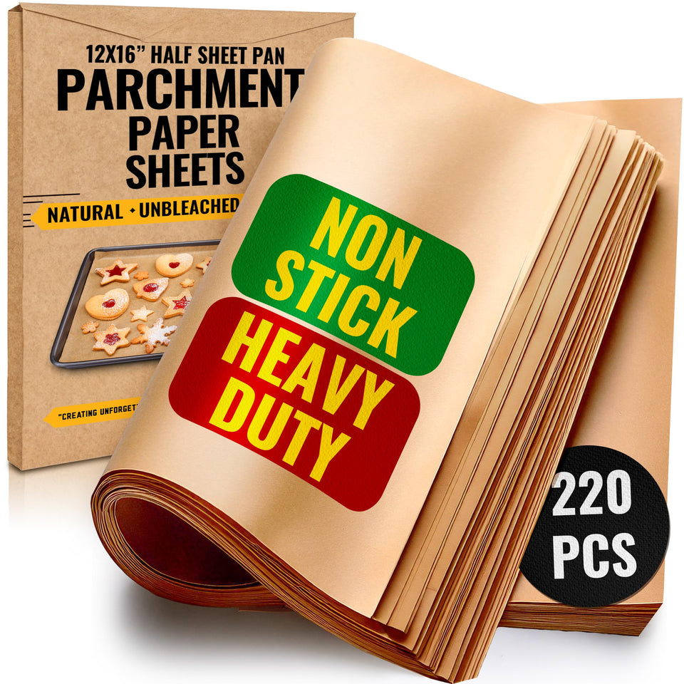 Baker's Signature 220pcs parchment sheets in a box for easy precut baking.