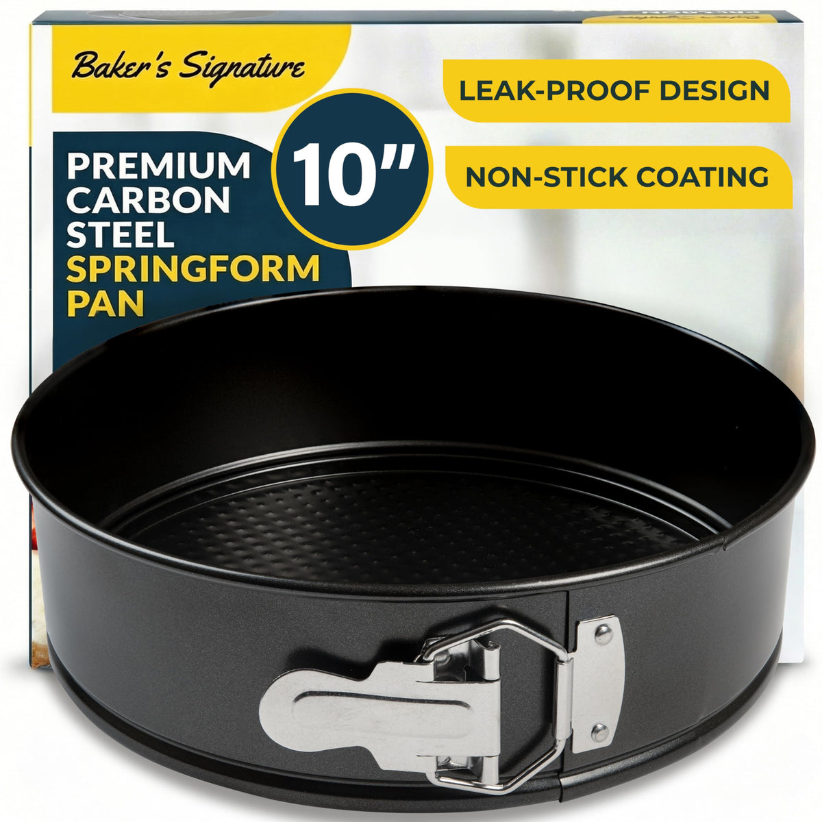 Baker's Signature cheesecake pan with latch closed for secure baking and easy release.