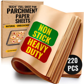 Baker's Signature full-sheet parchment 16x24 precuts for easy, mess-free baking.