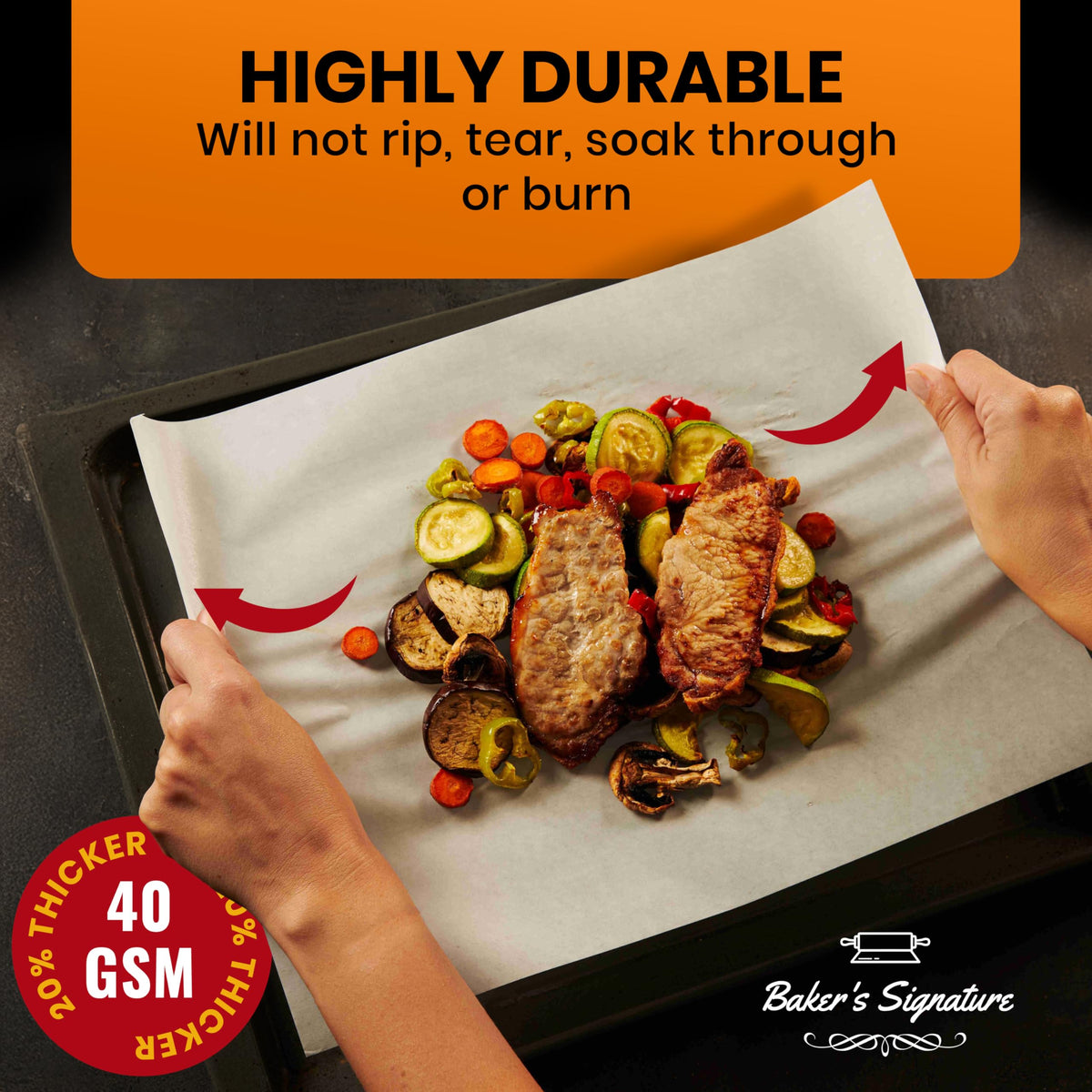 Baker's Signature parchment paper on oven tray, ready for high-heat use up to 450F.
