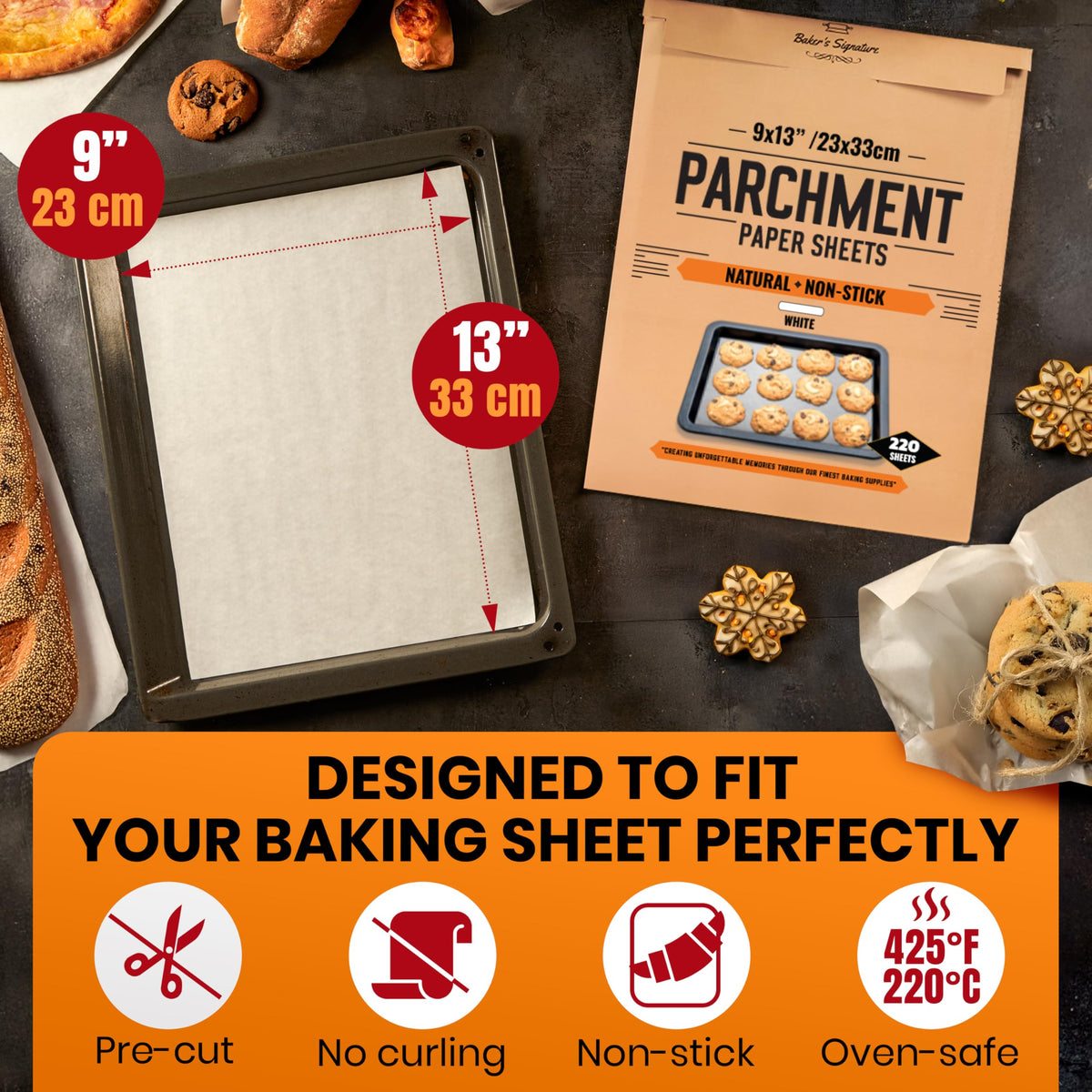 Baker's Signature unbleached parchment highlights natural, chemical-free baking options.