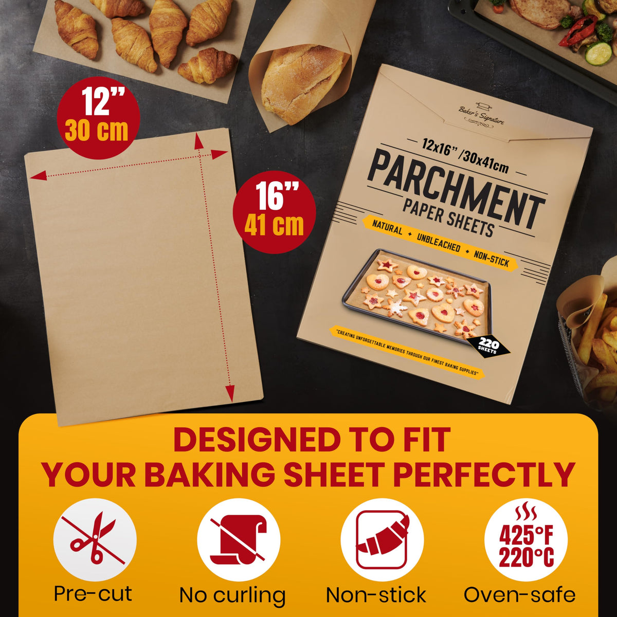 Baker's Signature unbleached parchment made from natural wood pulp.