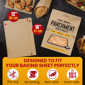 Baker's Signature unbleached parchment made from natural wood pulp.