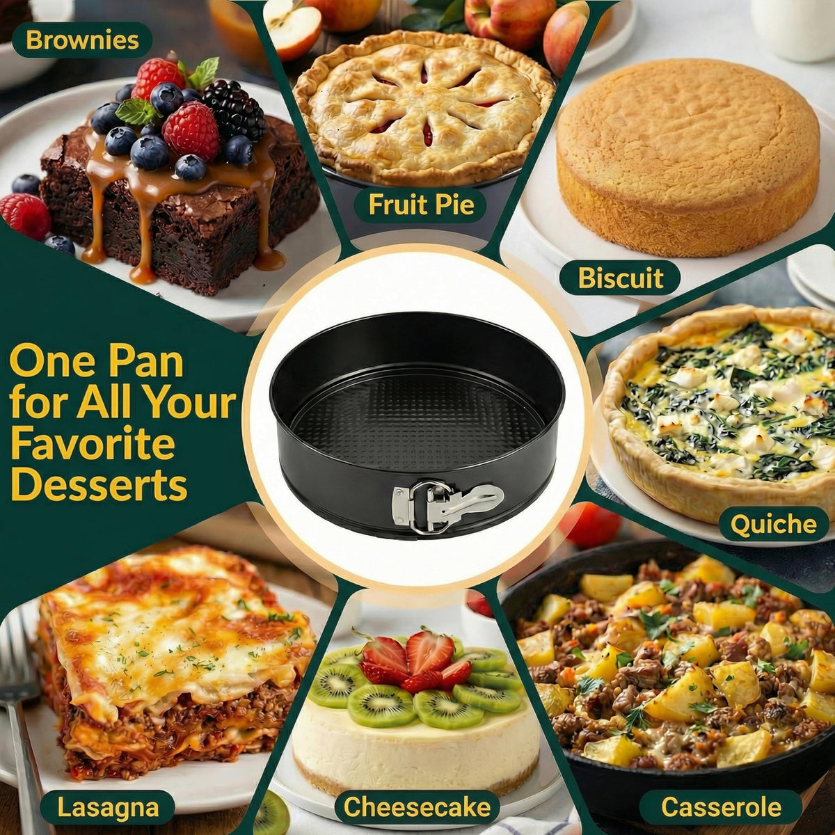 Versatile kitchen tool for cheesecakes, tarts, and layered desserts.