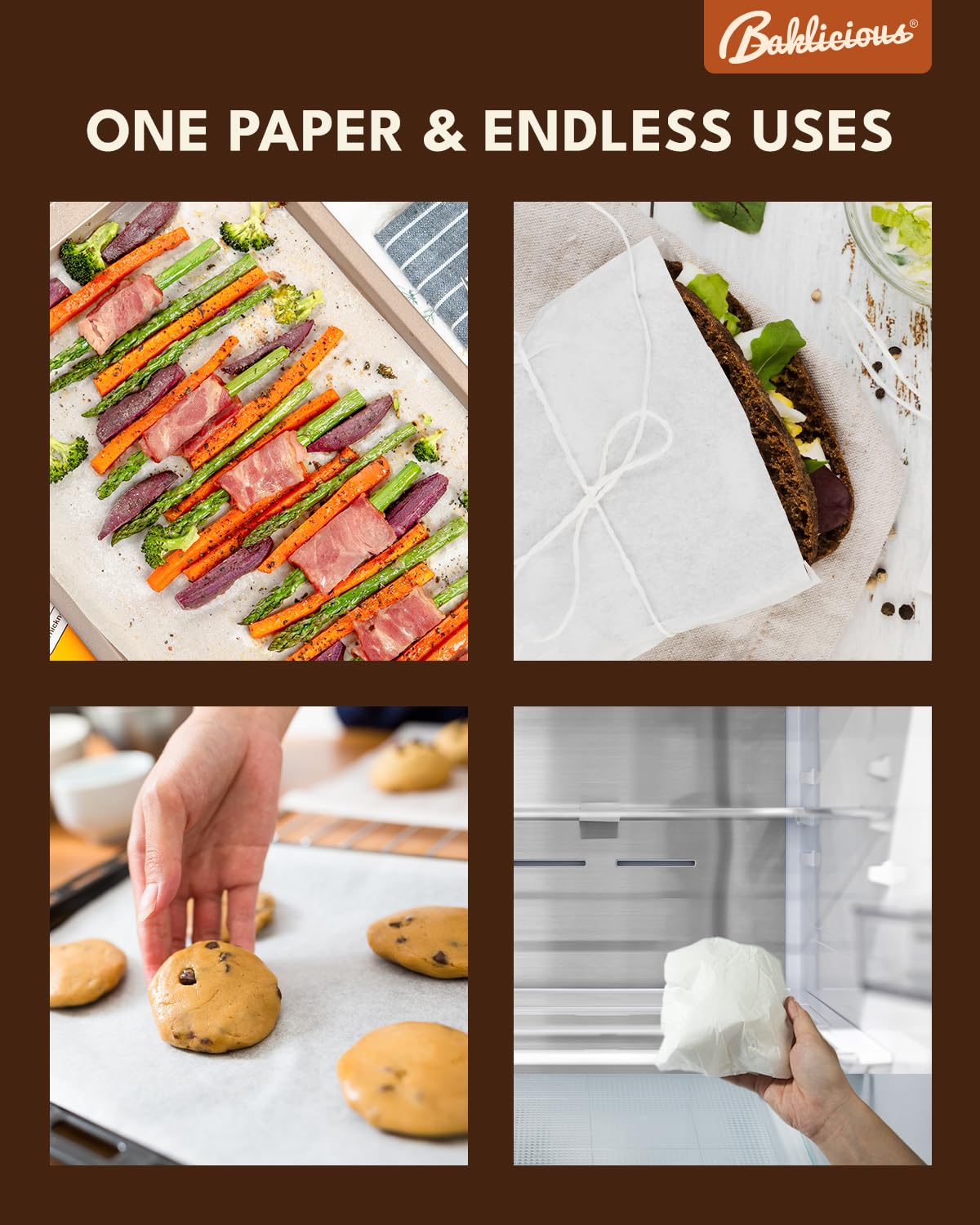 Baklicious multi-use parchment suitable for baking, cooking, steaming, and storing