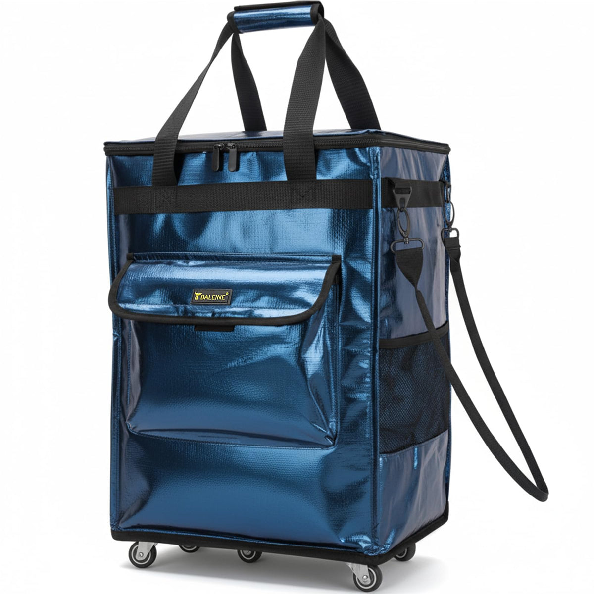 Balene rolling grocery bag in navy with front pocket for small items.