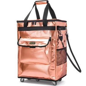 BALEINE bags on wheels front view with rose-gold finish for easy transport