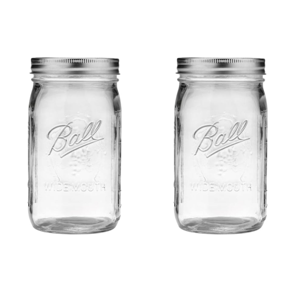 Ball Quart jar with wide mouth and silver lid for easy filling.