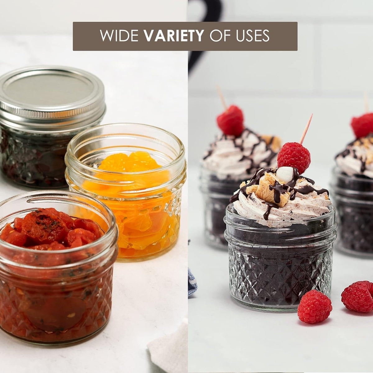 Ball wide-mouth jelly jar showing clear glass and quilted detail for contents visibility.