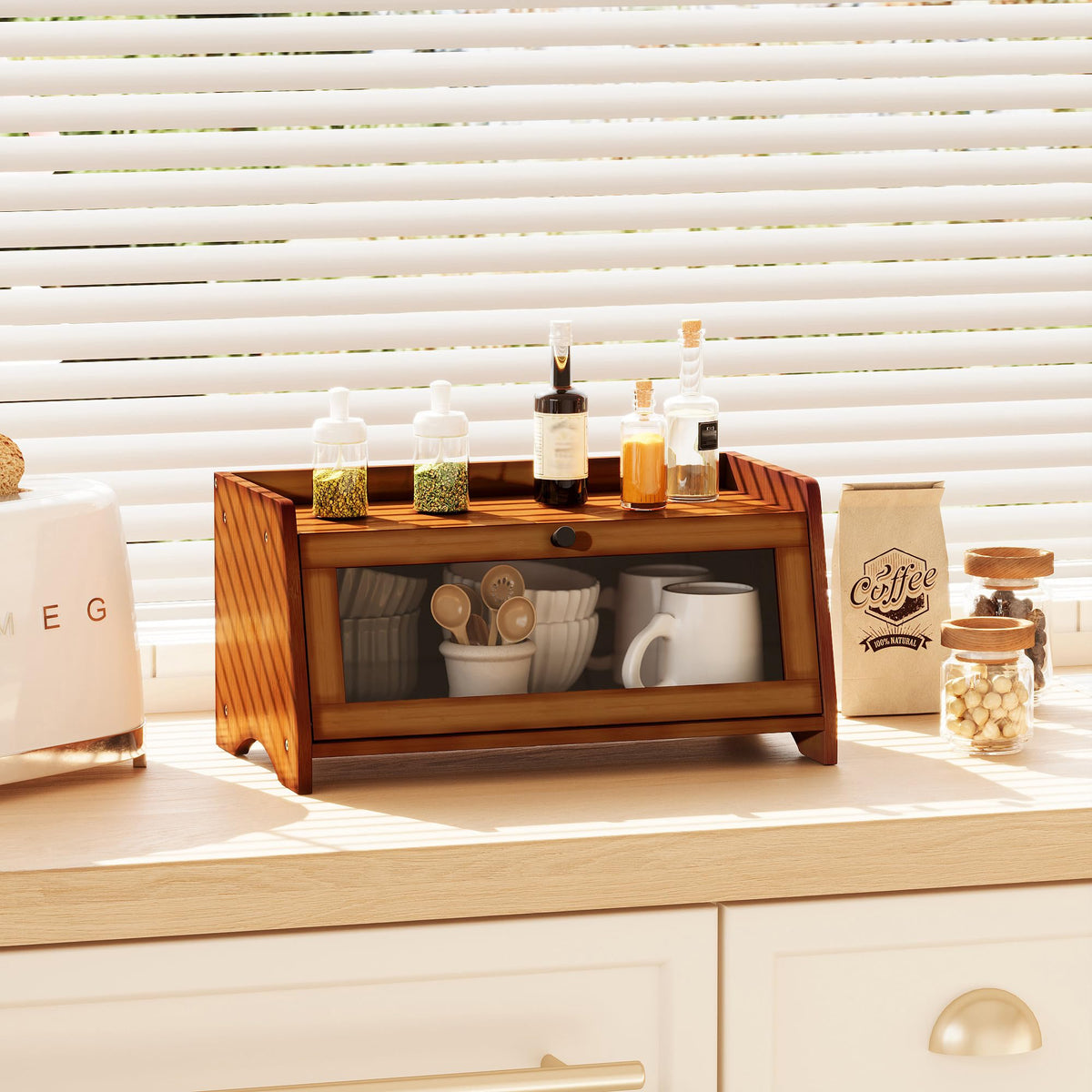 BAMBANG bread box flat top provides space for daily essentials