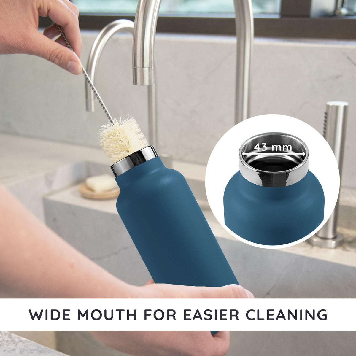 Bambaw bottle with spacious neck allows easy cleaning with a bottle brush.