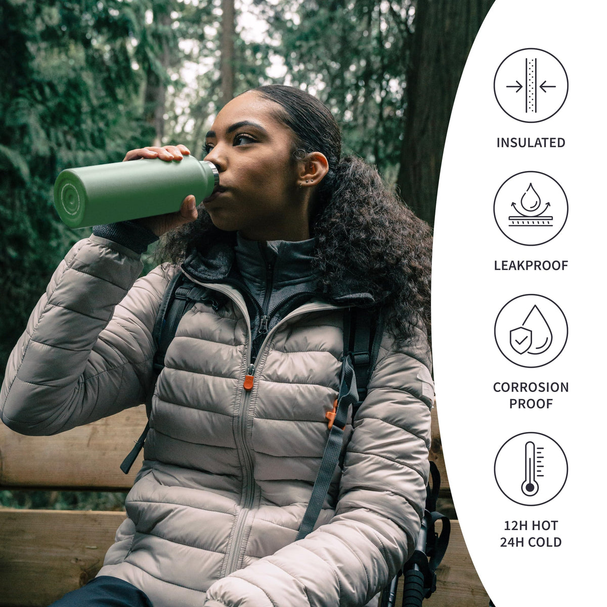 Bambaw wide-opening bottle in Sage Green accommodates ice cubes for refreshing drinks.