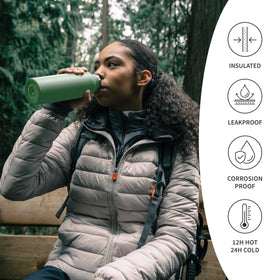 Bambaw wide-opening bottle in Sage Green accommodates ice cubes for refreshing drinks.
