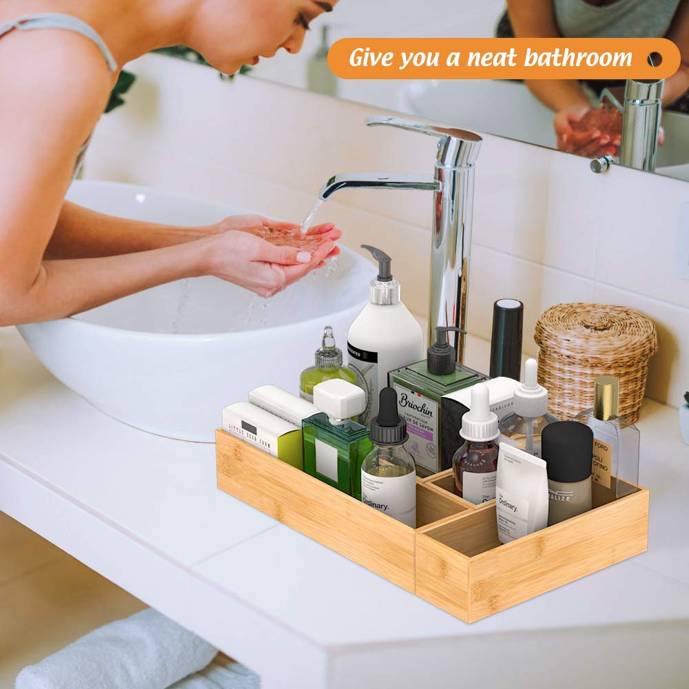 Bambloom bamboo jewelry and cosmetics caddy complements natural bathroom decor