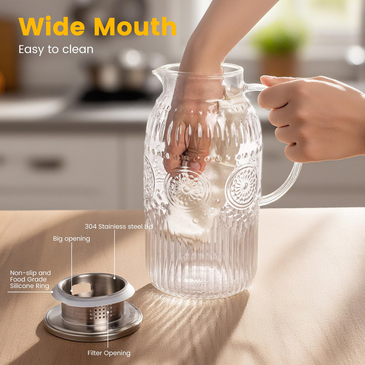 Bandesun vintage pitcher 68 oz capacity serves gatherings of guests.