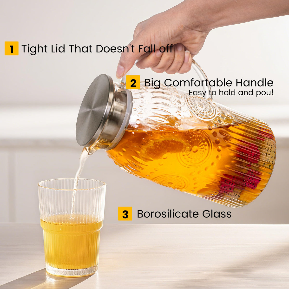Bandesun vintage pitcher borosilicate glass resists heat for hot or cold beverages.