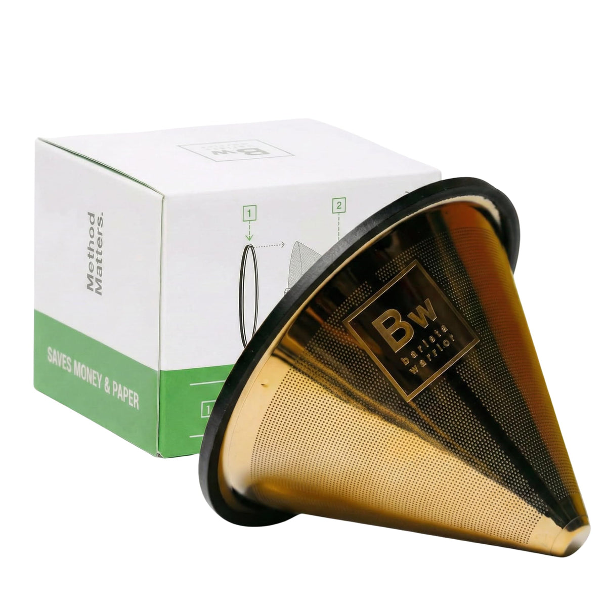 Barista Warrior reusable filter highlights Chemex compatibility for clean, full-bodied pours.