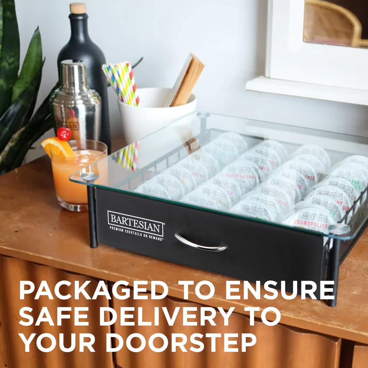 Bartesian capsule drawer beside the machine creates a tidy kitchen bar setup