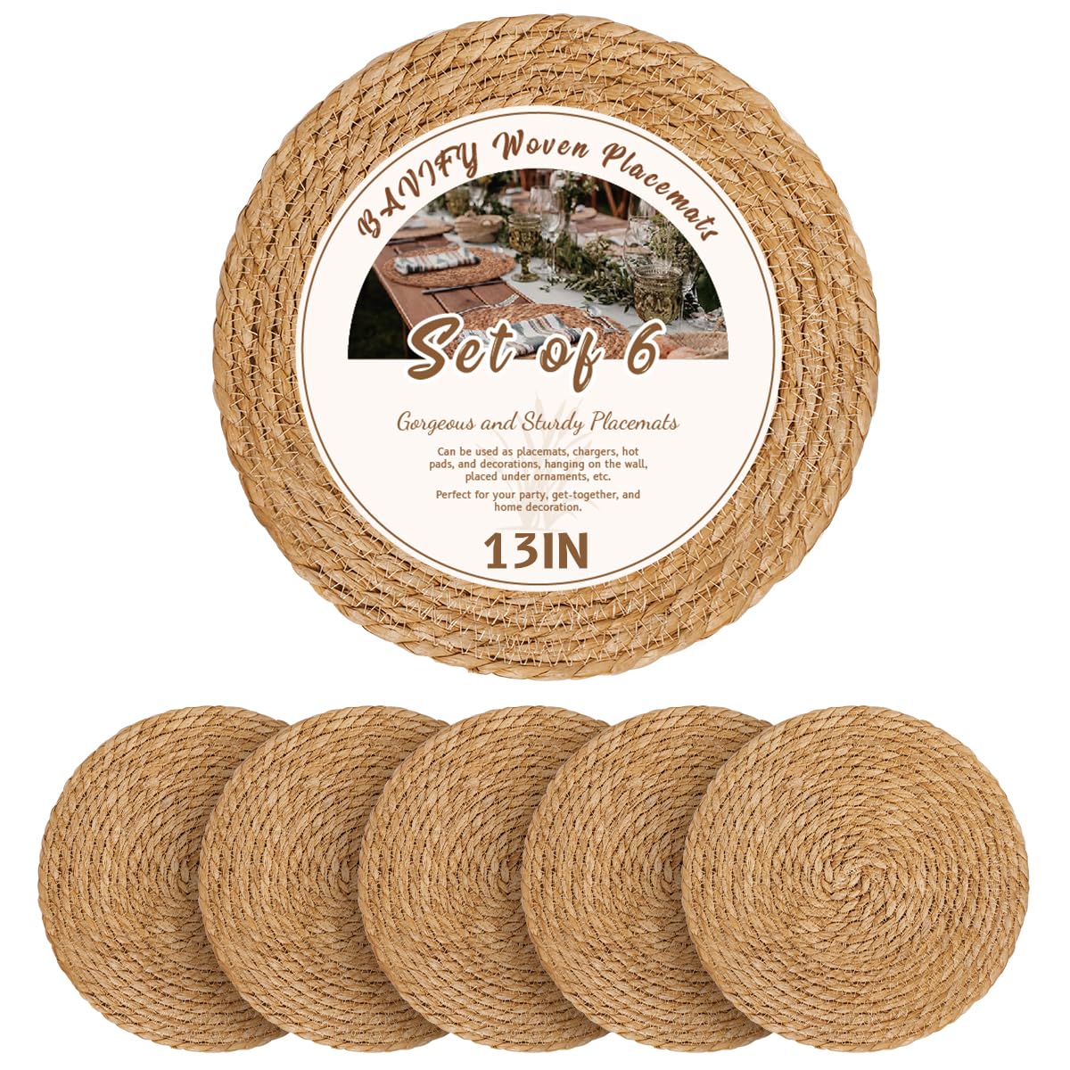 BAVIFY 13-inch round woven plate chargers add rustic elegance and surface protection.