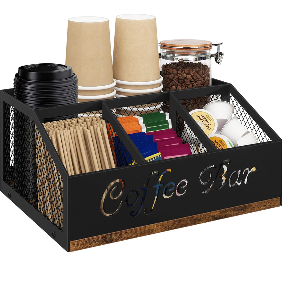 BCOZLUX coffee station organizer in rustic brown keeps pods and cups neatly within reach.