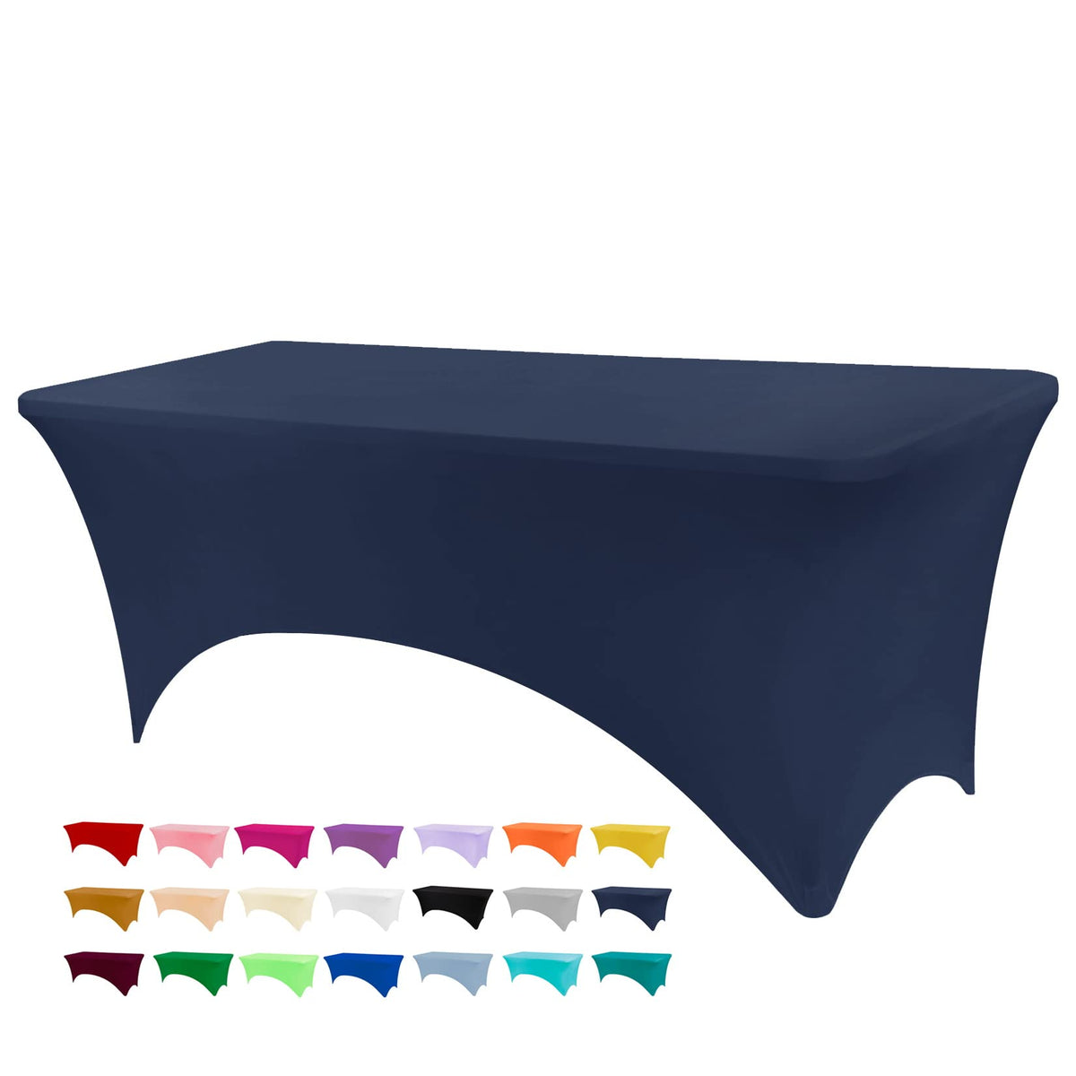 BDDC navy blue 6ft stretch table cover on a table for a polished event display.