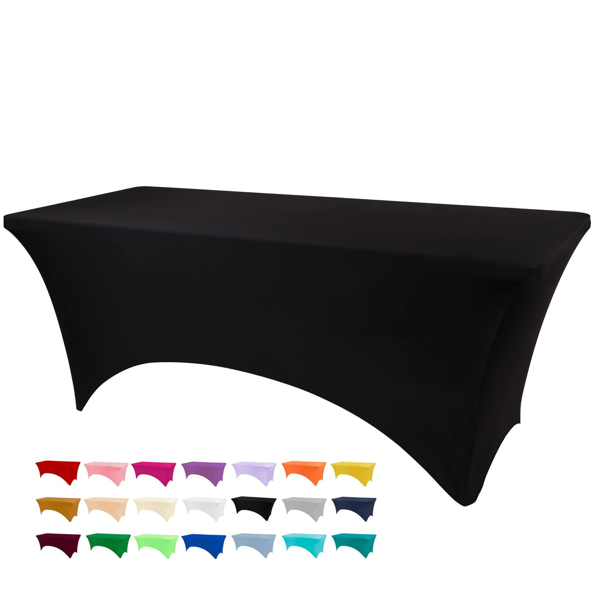 BDDC 8ft black table cover on table showing wrinkle-resistant stretch fabric for events.
