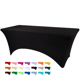 BDDC 8ft black table cover on table showing wrinkle-resistant stretch fabric for events.