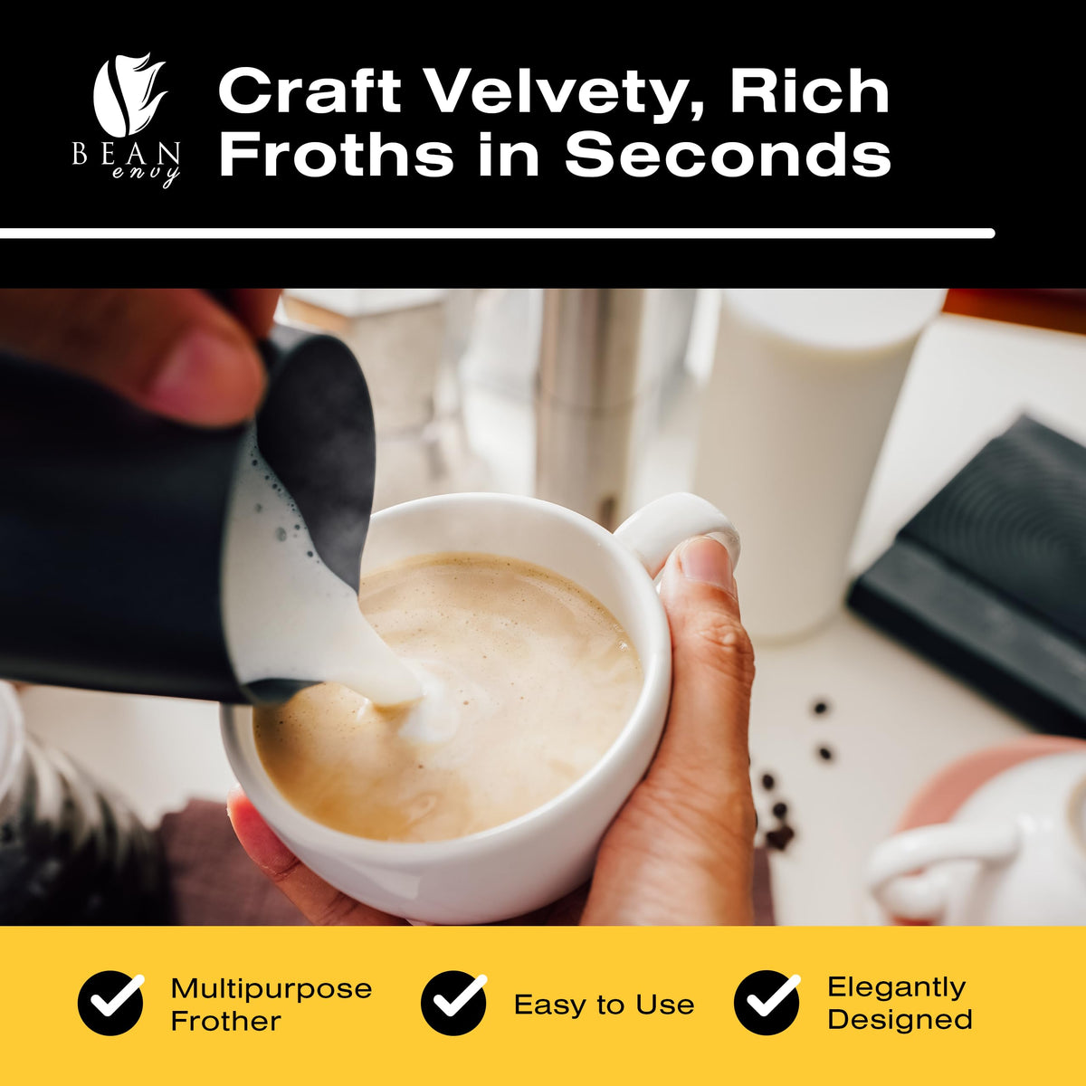 Bean Envy Frother Stand keeps device upright and ready for instant froth